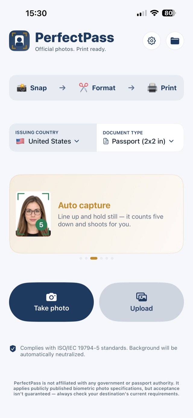 PerfectPass home screen showing the auto capture feature